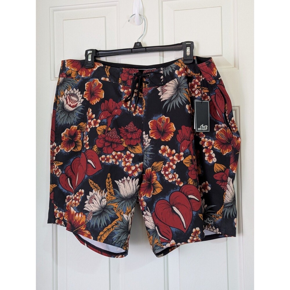 NWT Lost Board Shorts Mens 38 Hawaiian Black Red Floral Leaf Swim Trunks Beach